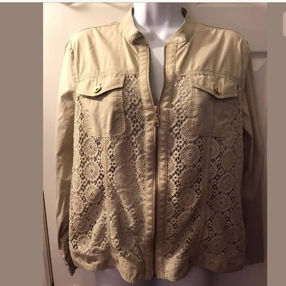 CHICOS Crochet Mix Jacket Coat Tan Beige Full Zip Closure Pockets Lace Basic - Picture 2 of 10